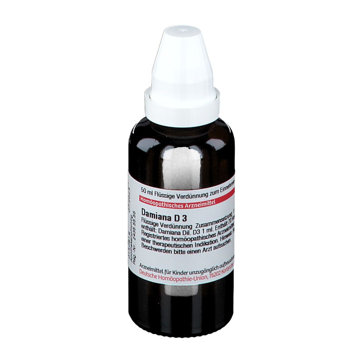 Braune Glasflasche mit weißem Verschluss. Etikett mit Text, DHU-Logo und Damiana D3. Flasche steht.
