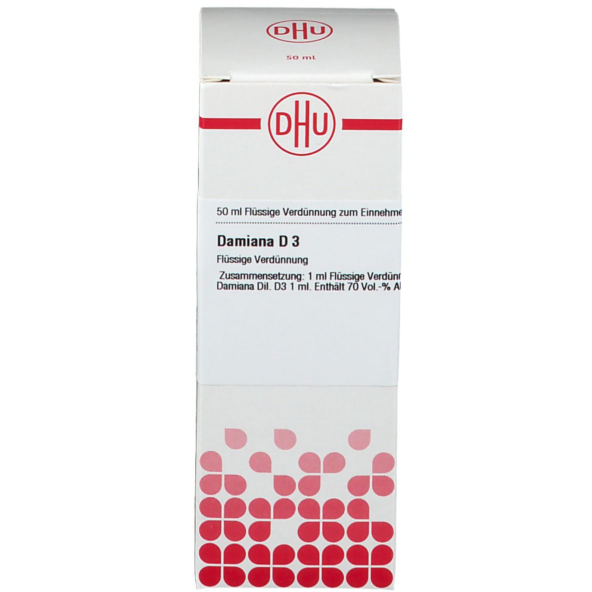 Karton mit DHU-Logo und Damiana D3. Braune Glasflasche mit weißem Verschluss. Flasche steht.