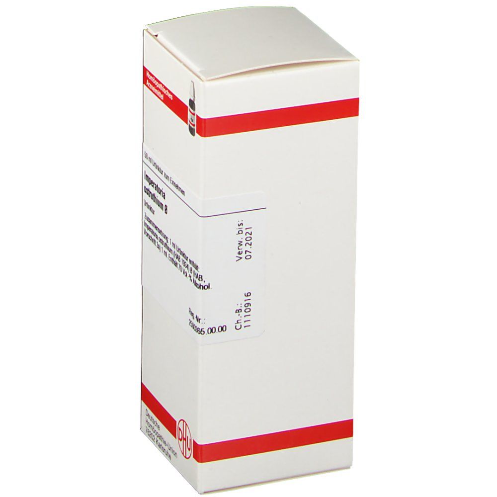 Weiße Faltschachtel mit roter Beschriftung. Text: Imperatoria ostruthium Urtinktur. Haltbarkeit bis 07.2021. Apothekenpflichtig.