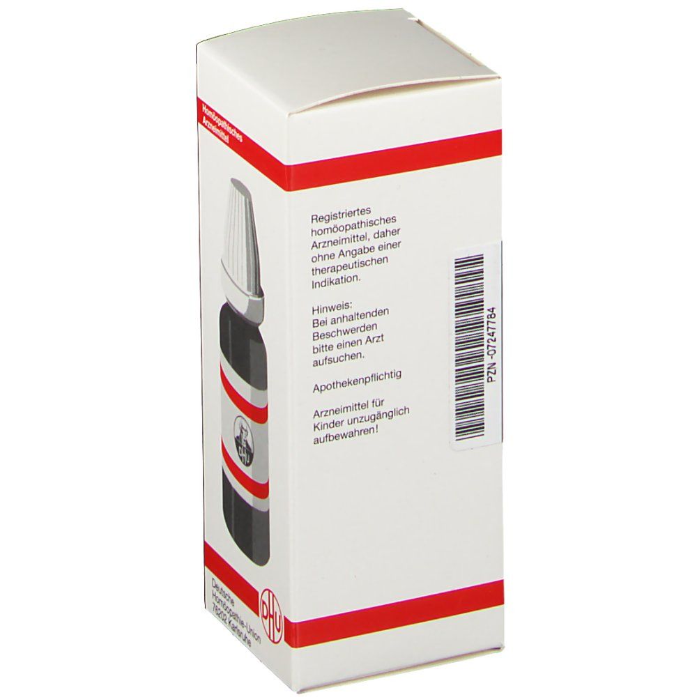 Weiße Faltschachtel mit roter Beschriftung. Rückseite mit Text: Registriertes homöopathisches Arzneimittel. Apothekenpflichtig. DHU-Logo.