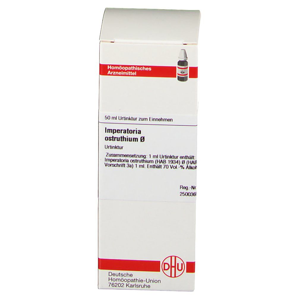 Geöffnete weiße Faltschachtel. Gezeigt: Fläschchen mit brauner Flüssigkeit. Text: Imperatoria ostruthium Urtinktur. DHU-Logo.