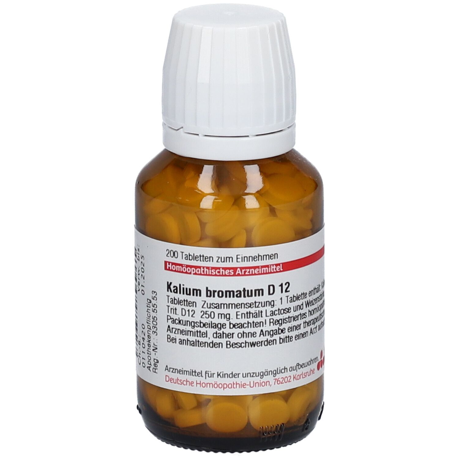 Braune Glasflasche mit weißen Deckel. Enthält gelbe Tabletten. Aufschrift: Kalium bromatum D 12.