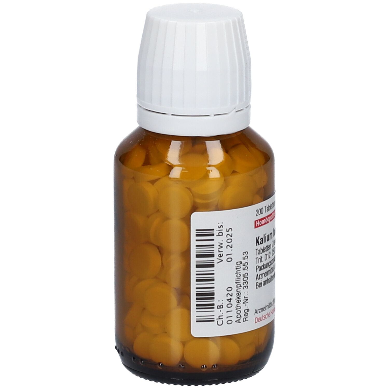 Braune Glasflasche mit weißen Deckel. Enthält gelbe Tabletten. Aufschrift: Kalium bromatum D 12.
