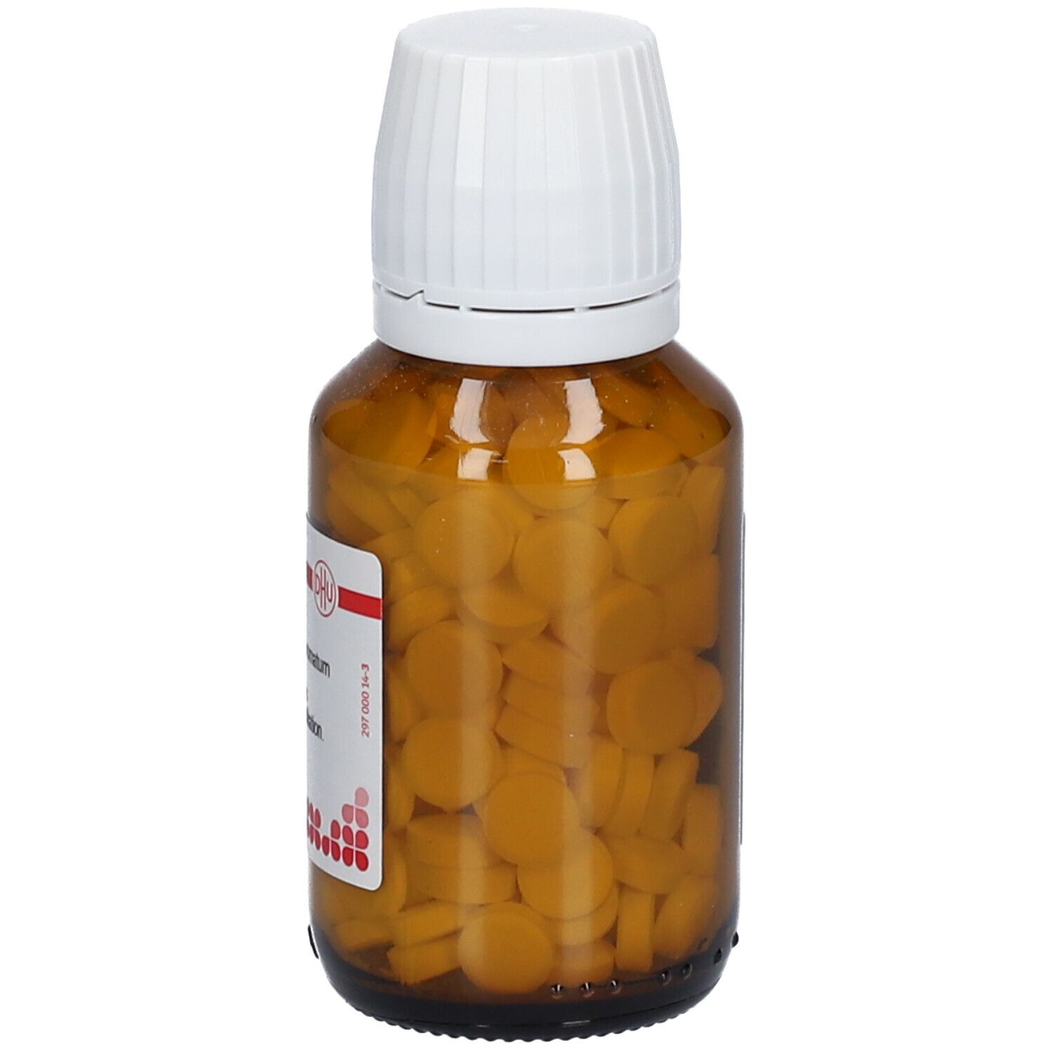 Braune Glasflasche mit weißen Deckel. Enthält gelbe Tabletten. Aufschrift: Kalium bromatum D 12.