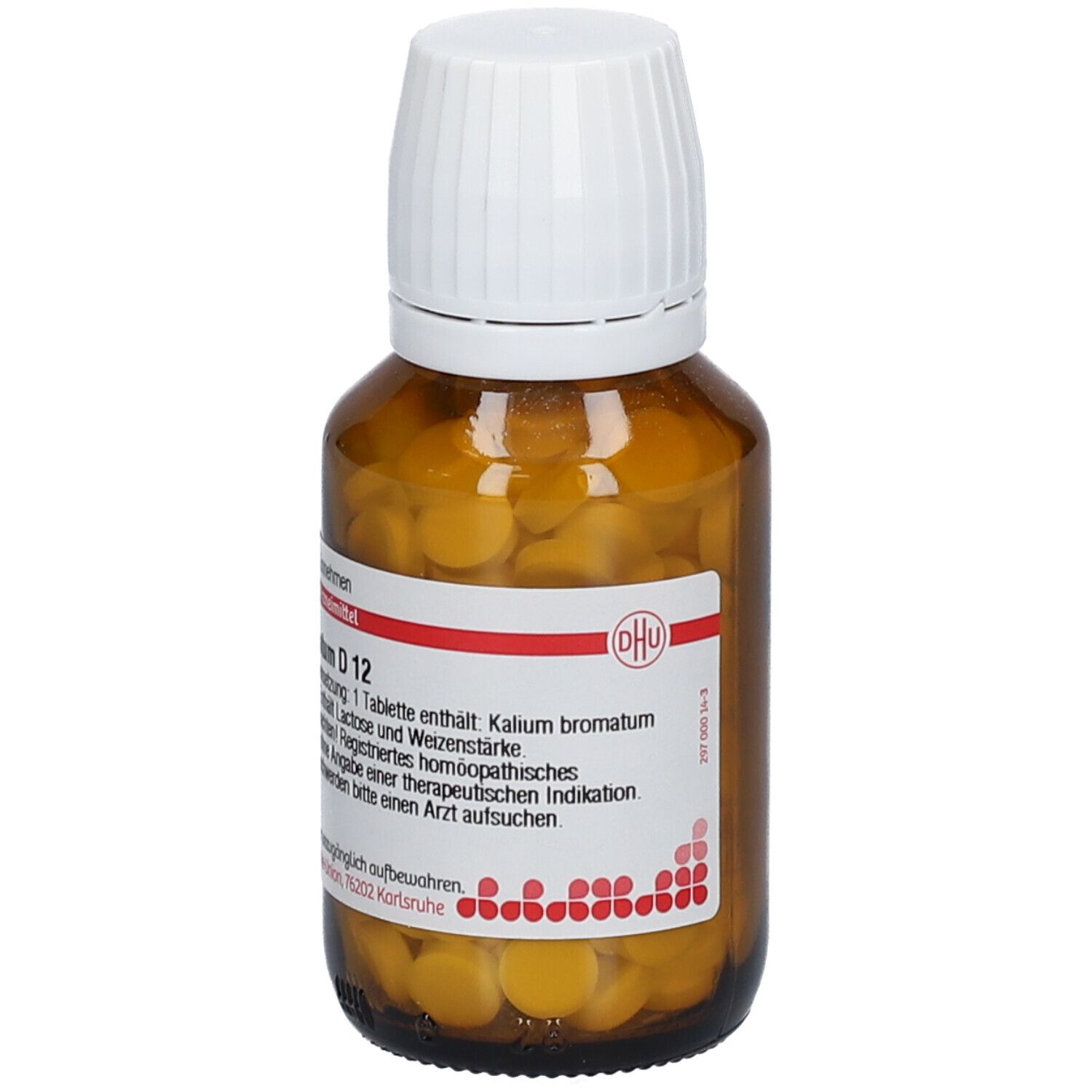 Braune Glasflasche mit weißen Deckel. Enthält gelbe Tabletten. Aufschrift: Kalium bromatum D 12.