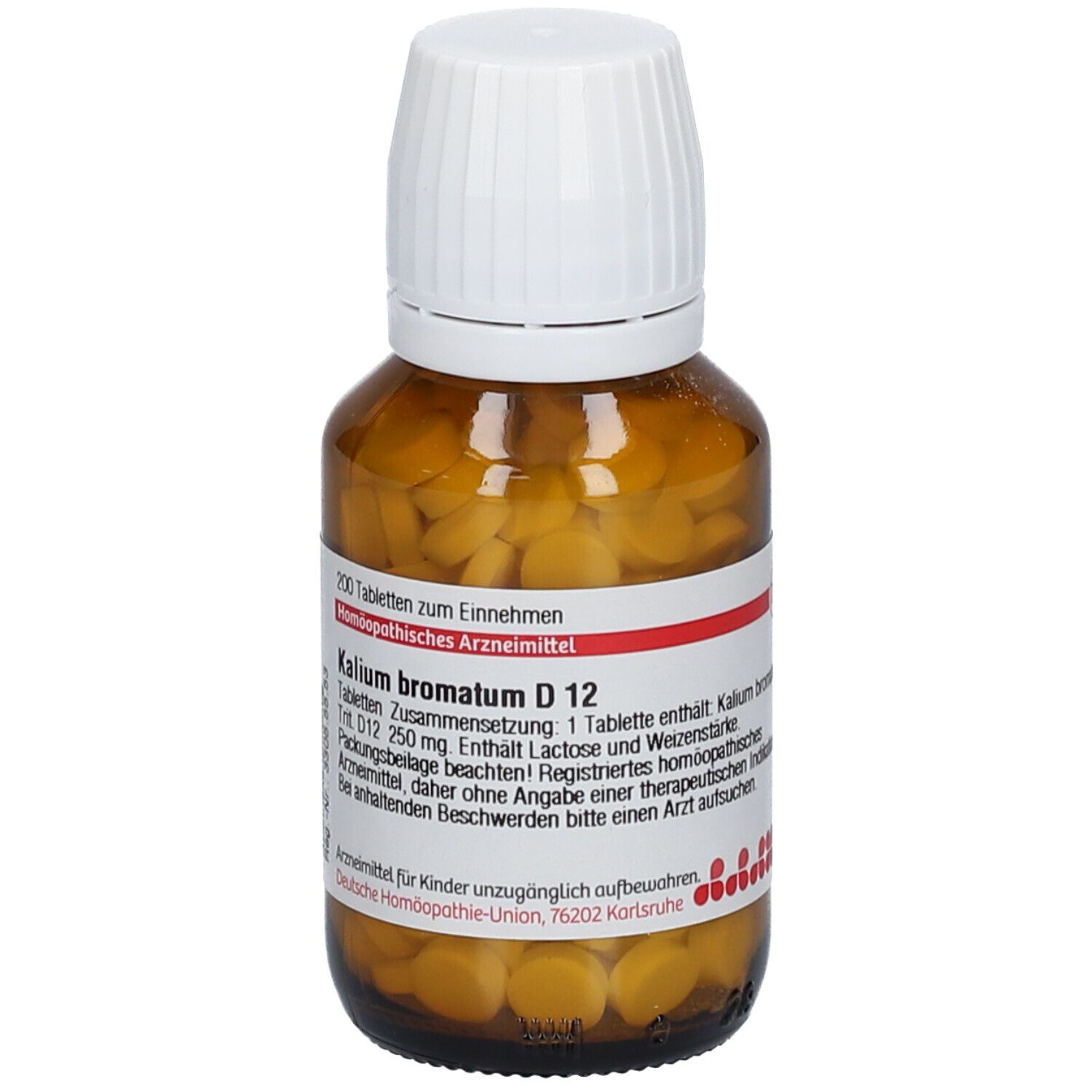 Braune Glasflasche mit weißen Deckel. Enthält gelbe Tabletten. Aufschrift: Kalium bromatum D 12.