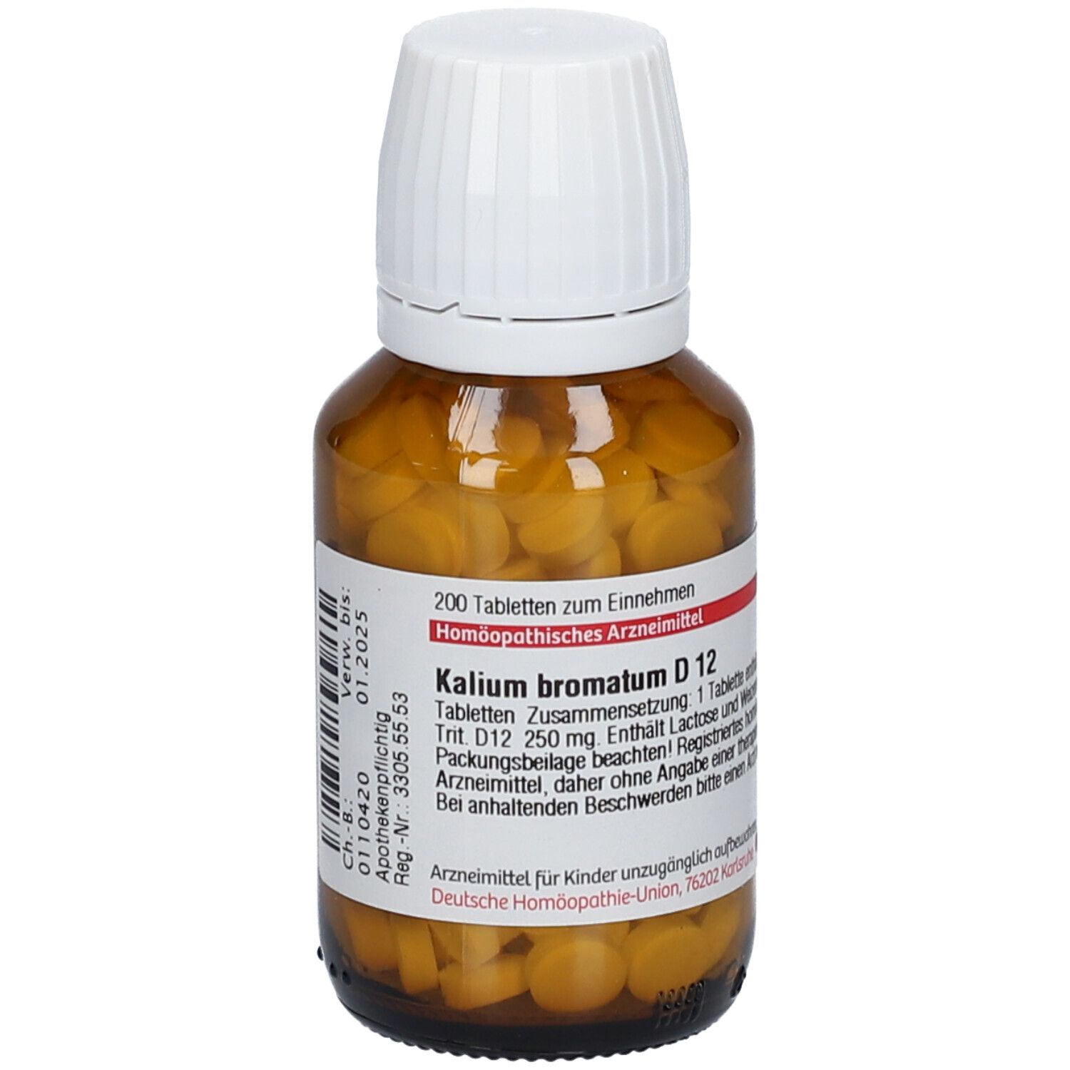 Braune Glasflasche mit weißen Deckel. Enthält gelbe Tabletten. Aufschrift: Kalium bromatum D 12.