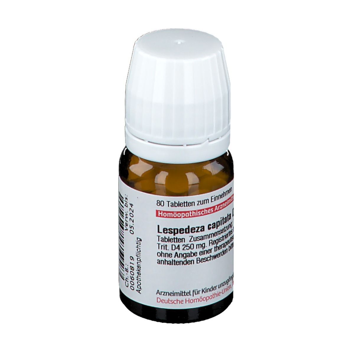 Braune Glasflasche mit weißen Deckel, gefüllt mit gelben Tabletten. Etikett mit Text.