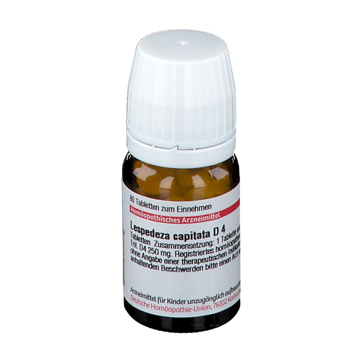 Braune Glasflasche mit weißen Deckel, gefüllt mit gelben Tabletten. Etikett mit Text.