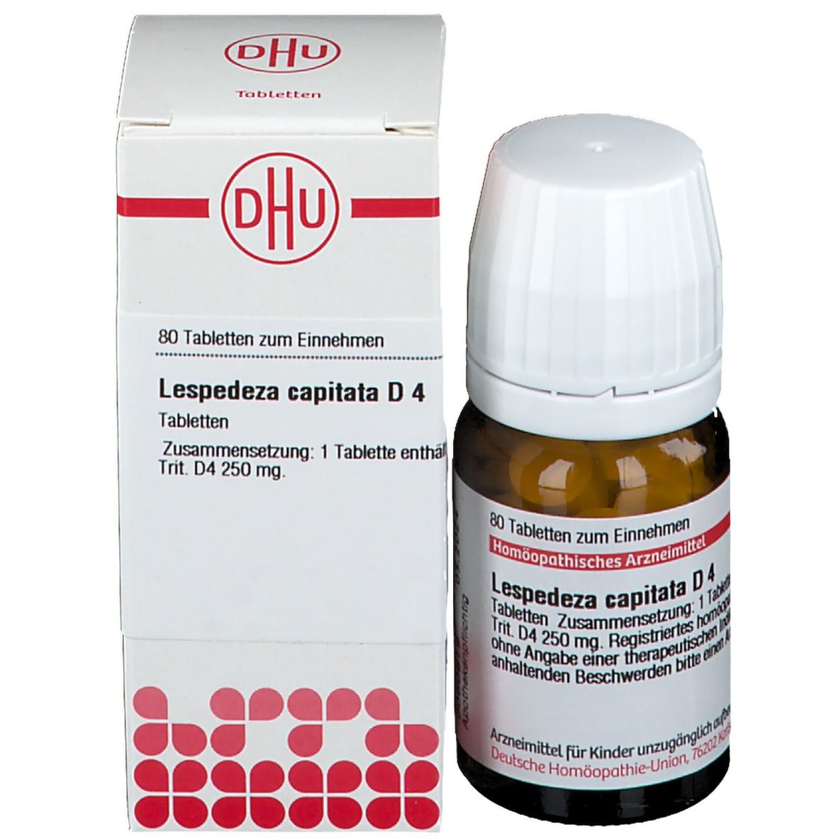 Produktverpackung mit Flasche und Schachtel. Flasche mit Tabletten, Schachtel mit Text und Logo.