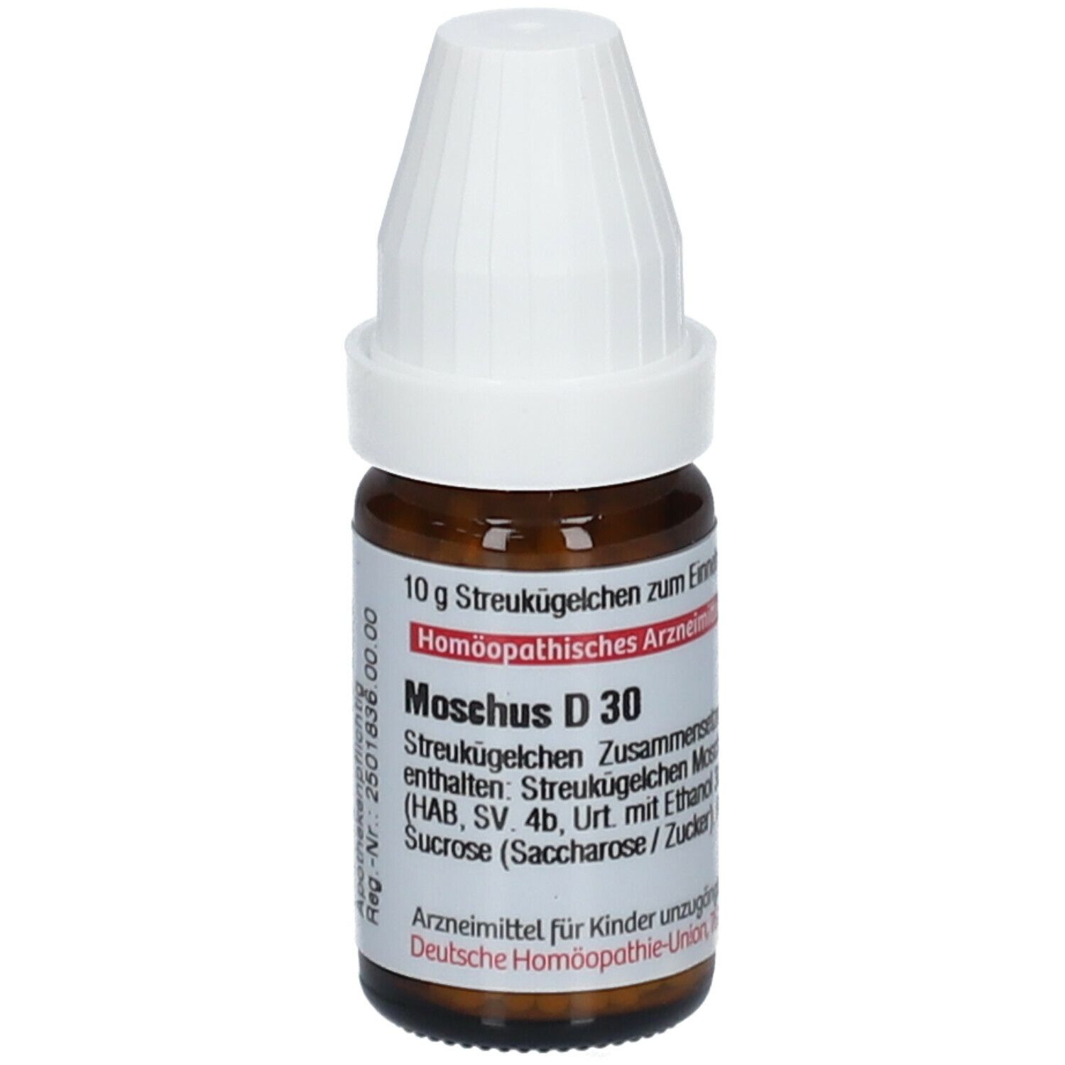 Braune Glasflasche mit weißem Deckel. Etikett mit Produktinformationen: Moschus D 30, Streukügelchen, DHU.