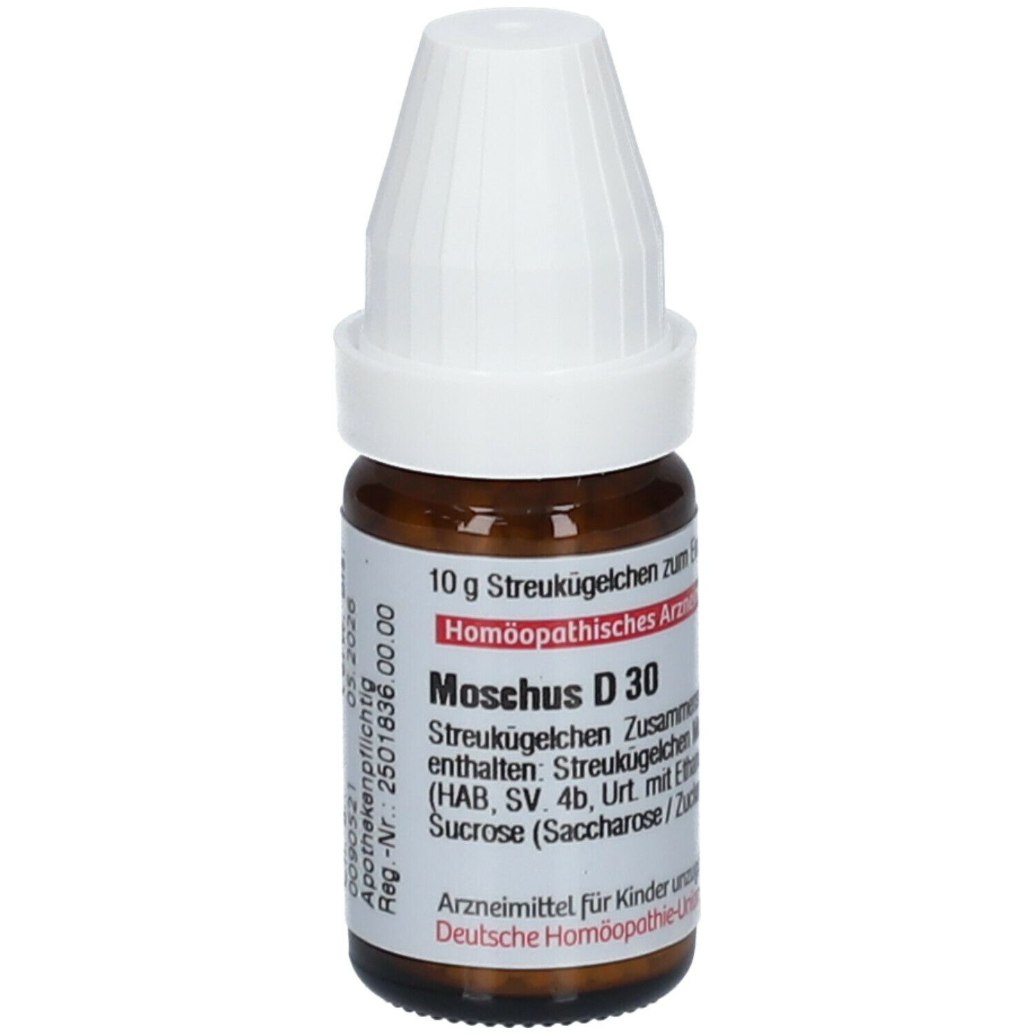 Braune Glasflasche mit weißem Deckel. Etikett mit Produktinformationen: Moschus D 30, Streukügelchen, DHU.