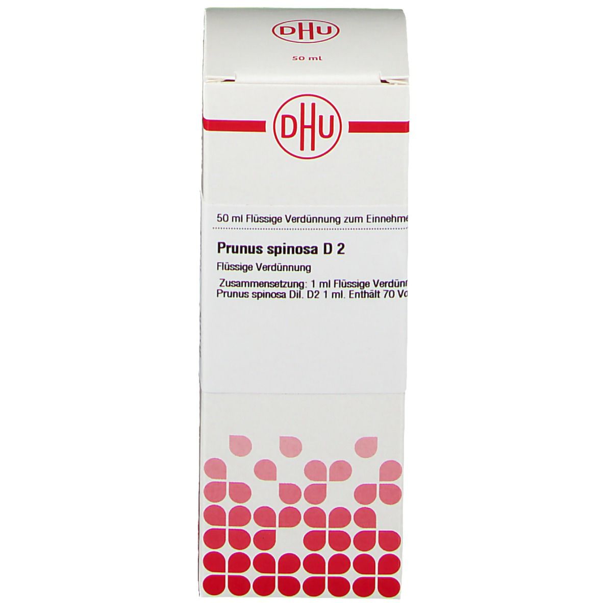 Weiße Faltschachtel mit Produktinformationen. DHU Logo. DHU Prunus spinosa D2.