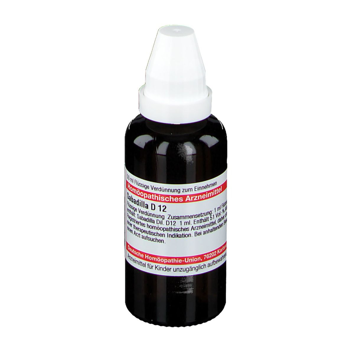 Braune Glasflasche mit weißem Verschluss. Etikett mit Text: Sabadilla D 12, Homöopathisches Arzneimittel. Deutsche Homöopathie-Union.