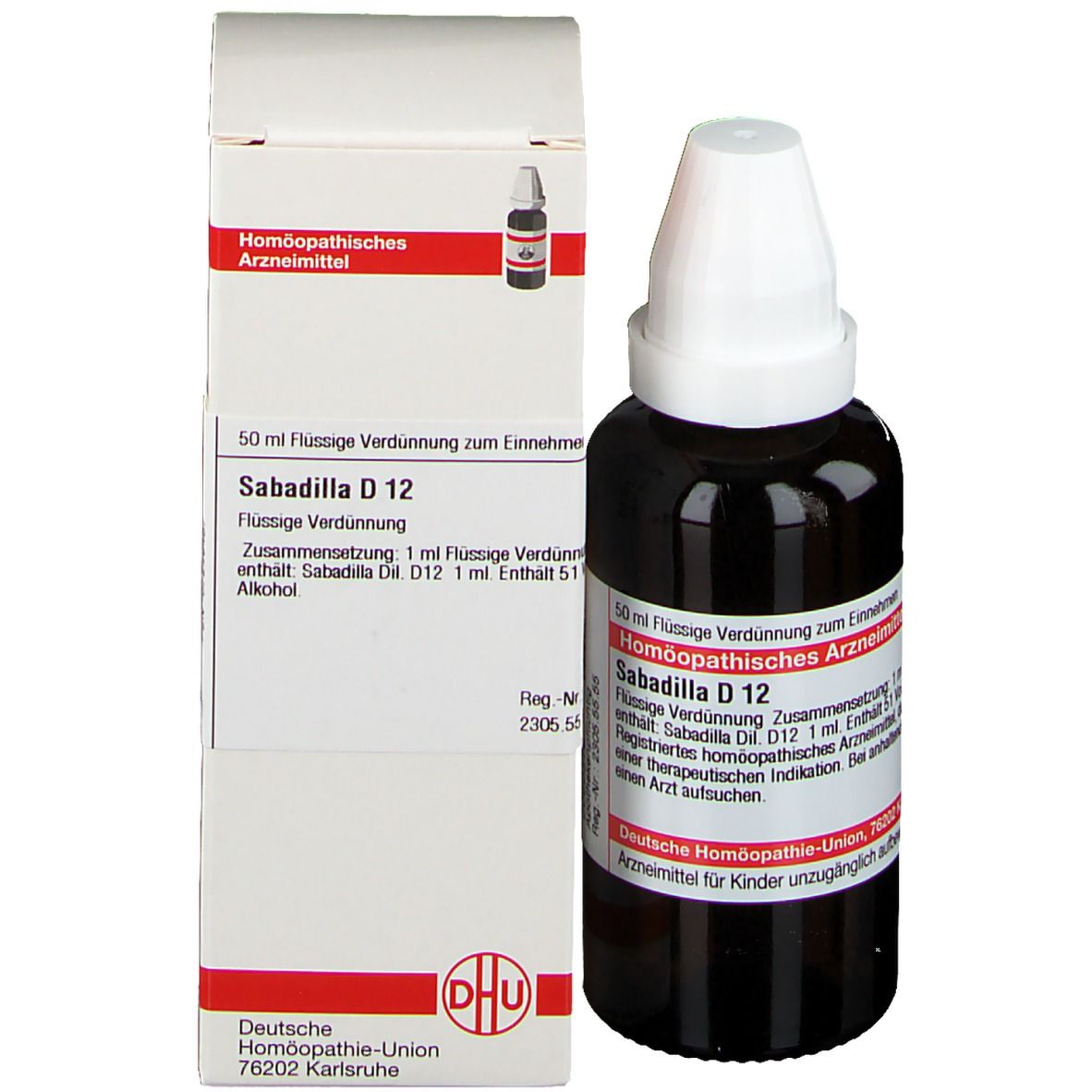 Braune Glasflasche mit weißem Verschluss und Verpackung. Auf der Verpackung steht: Sabadilla D 12, Homöopathisches Arzneimittel. DHU Logo.