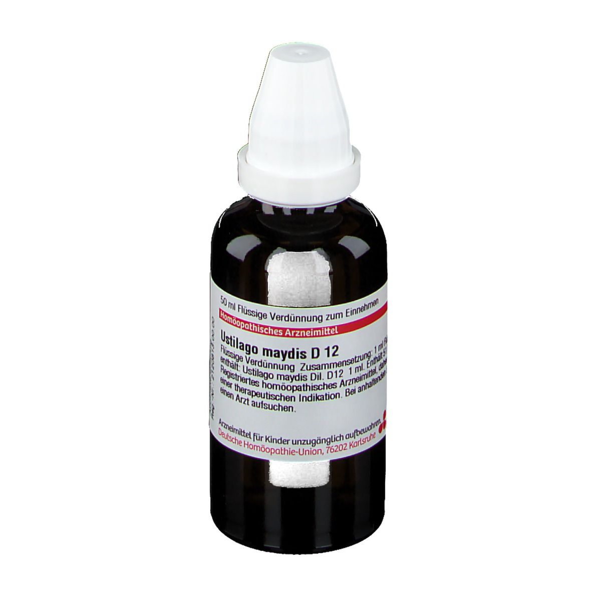 Braune Glasflasche mit weißem Verschluss. Etikett mit Produktinformationen. Homöopathisches Arzneimittel.