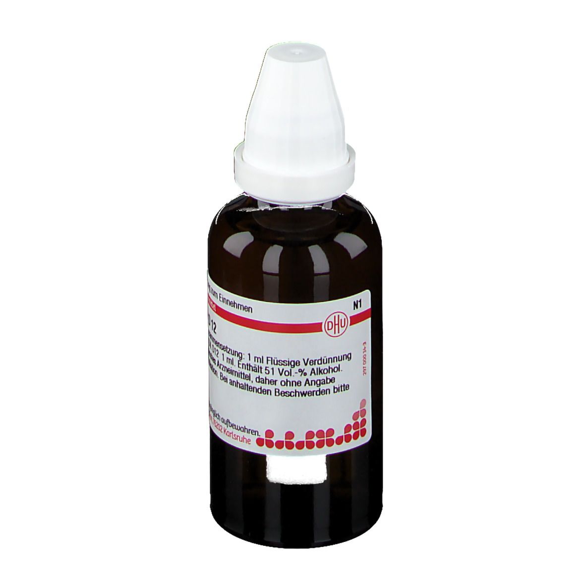 Braune Glasflasche mit weißem Verschluss. Etikett mit Produktinformationen. Homöopathisches Arzneimittel.