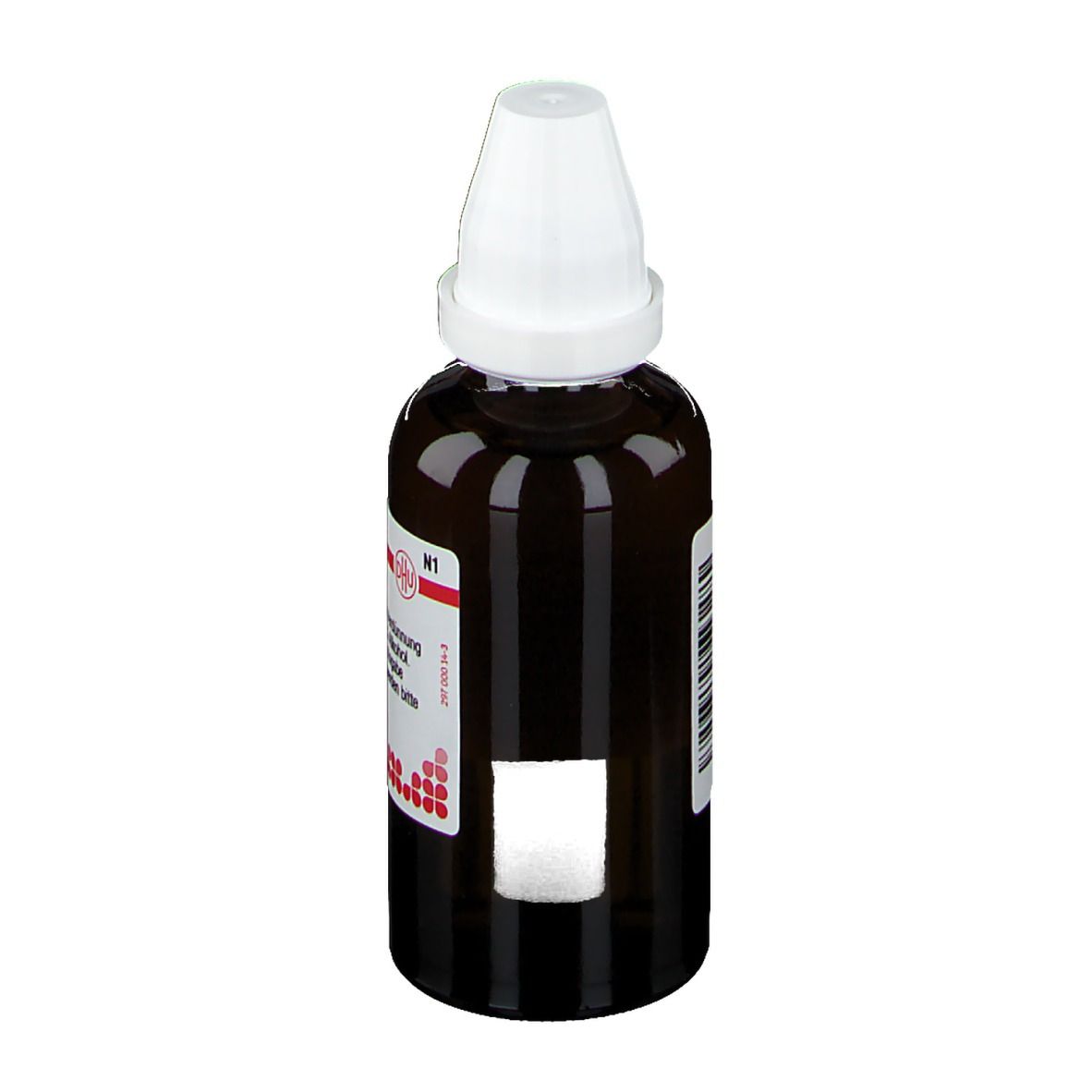 Braune Glasflasche mit weißem Verschluss. Etikett mit Produktinformationen. Homöopathisches Arzneimittel.