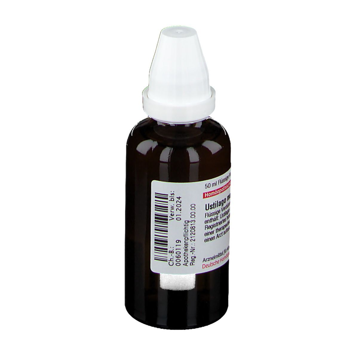 Braune Glasflasche mit weißem Verschluss. Etikett mit Produktinformationen. Homöopathisches Arzneimittel.