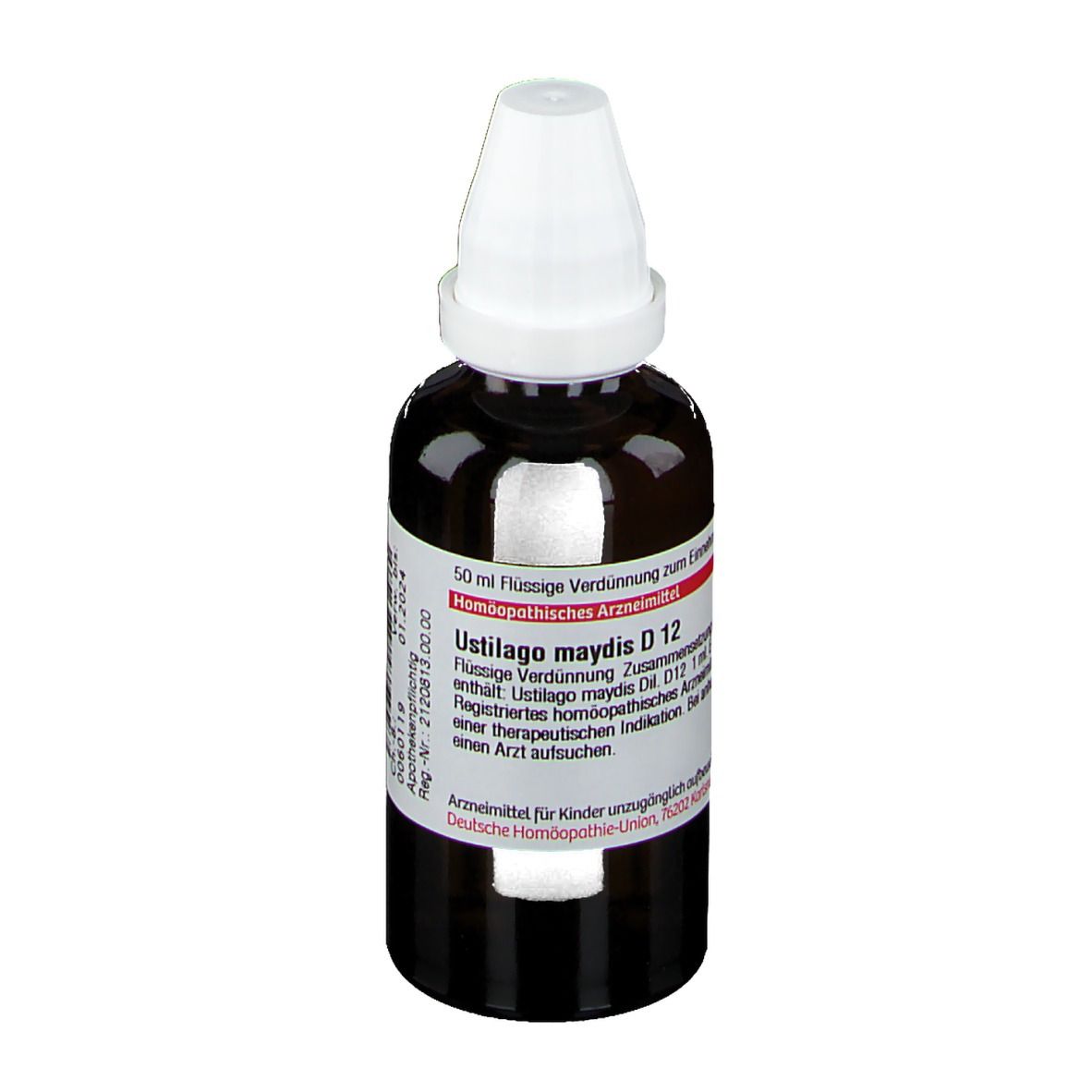 Braune Glasflasche mit weißem Verschluss. Etikett mit Produktinformationen. Homöopathisches Arzneimittel.