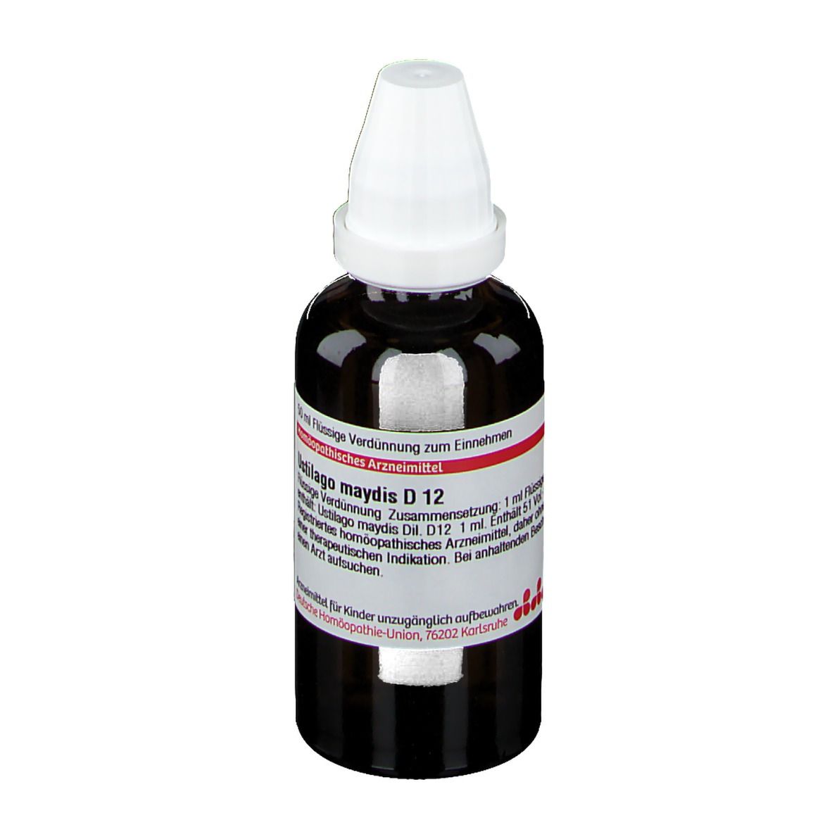 Braune Glasflasche mit weißem Verschluss. Etikett mit Produktinformationen. Homöopathisches Arzneimittel.