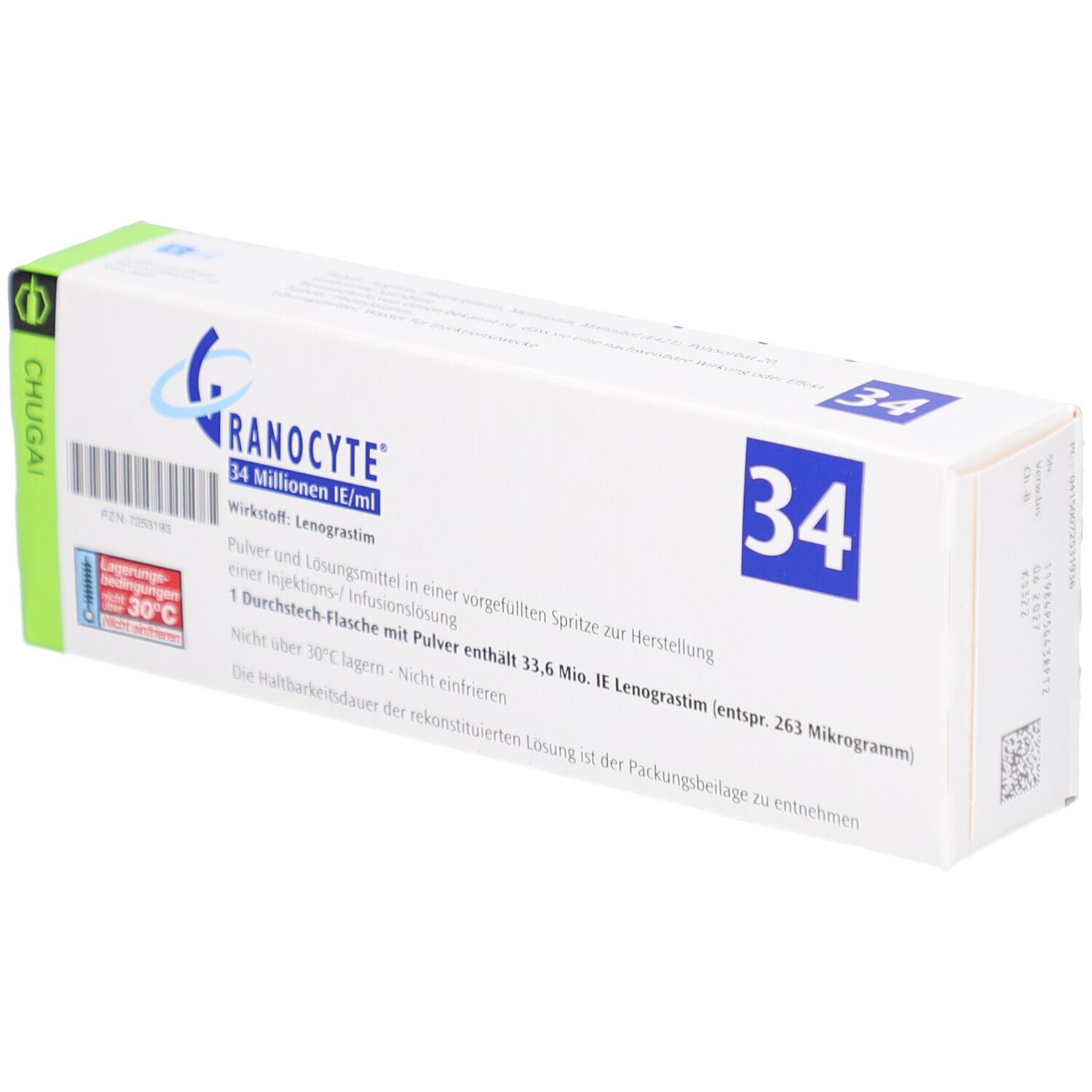 Karton mit Produktinformationen. Aufschrift: Granocyte 34 Millionen IE/ml. Enthält Injektionslösung.