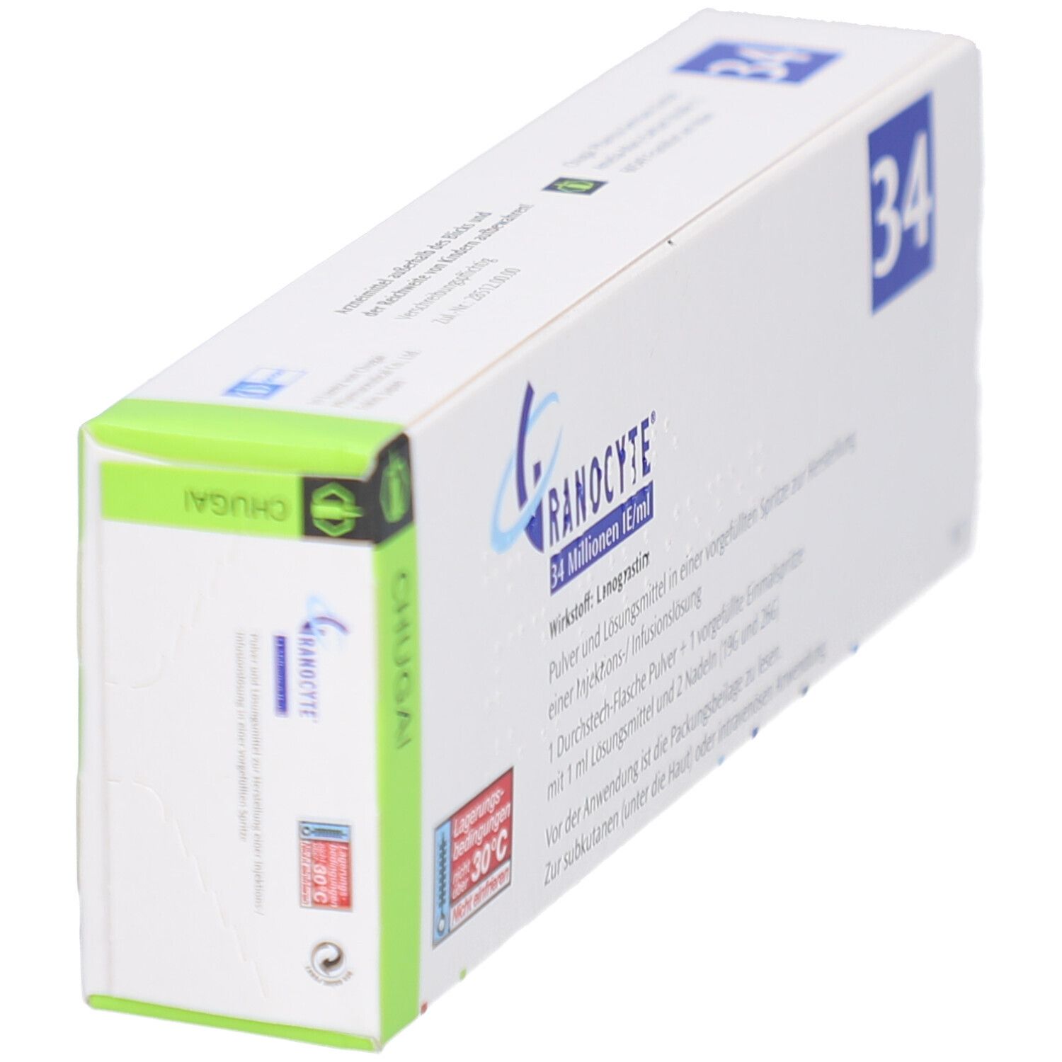 Karton mit Produktinformationen. Aufschrift: Granocyte 34 Millionen IE/ml. Enthält Injektionslösung.