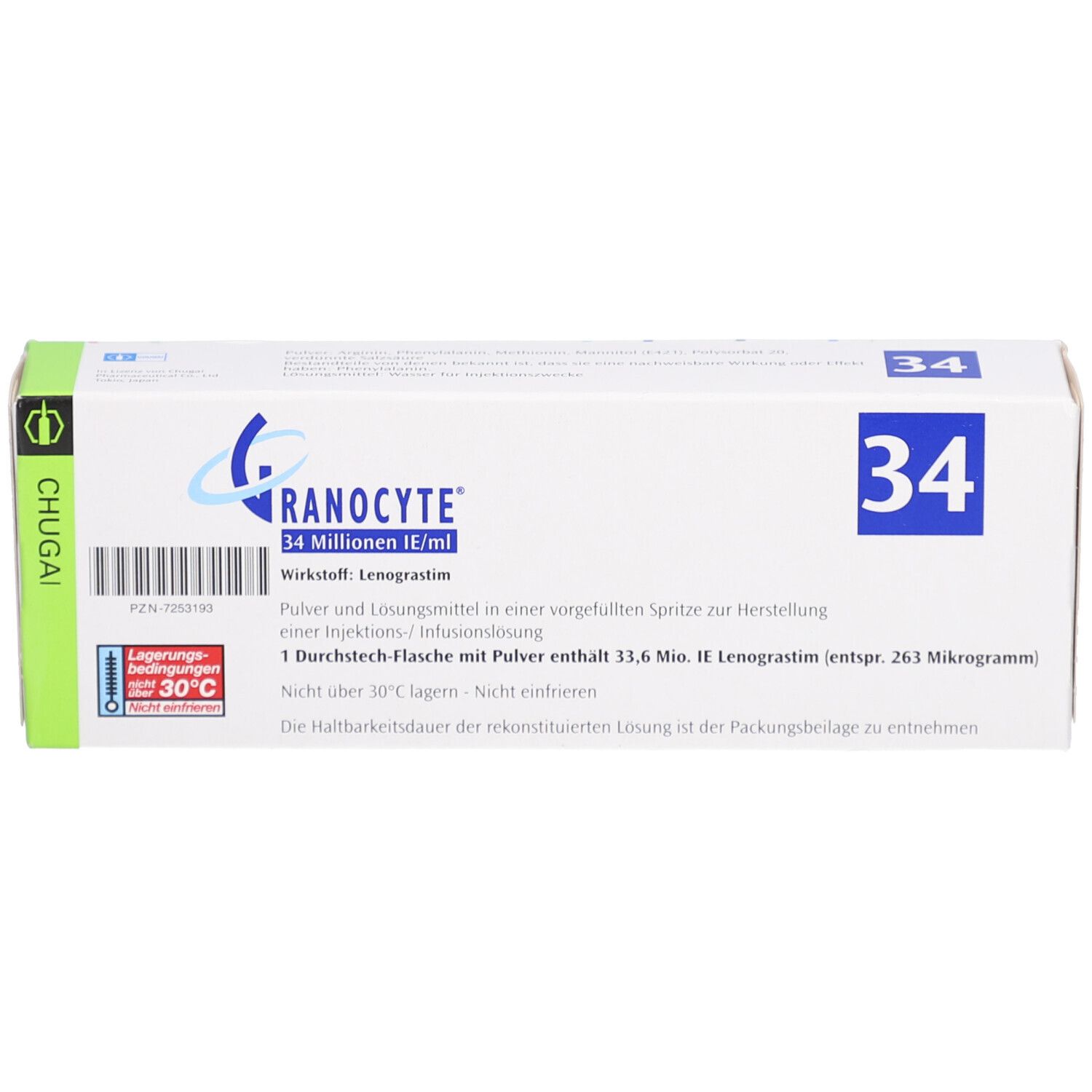 Karton mit Produktinformationen. Aufschrift: Granocyte 34 Millionen IE/ml. Enthält Injektionslösung.