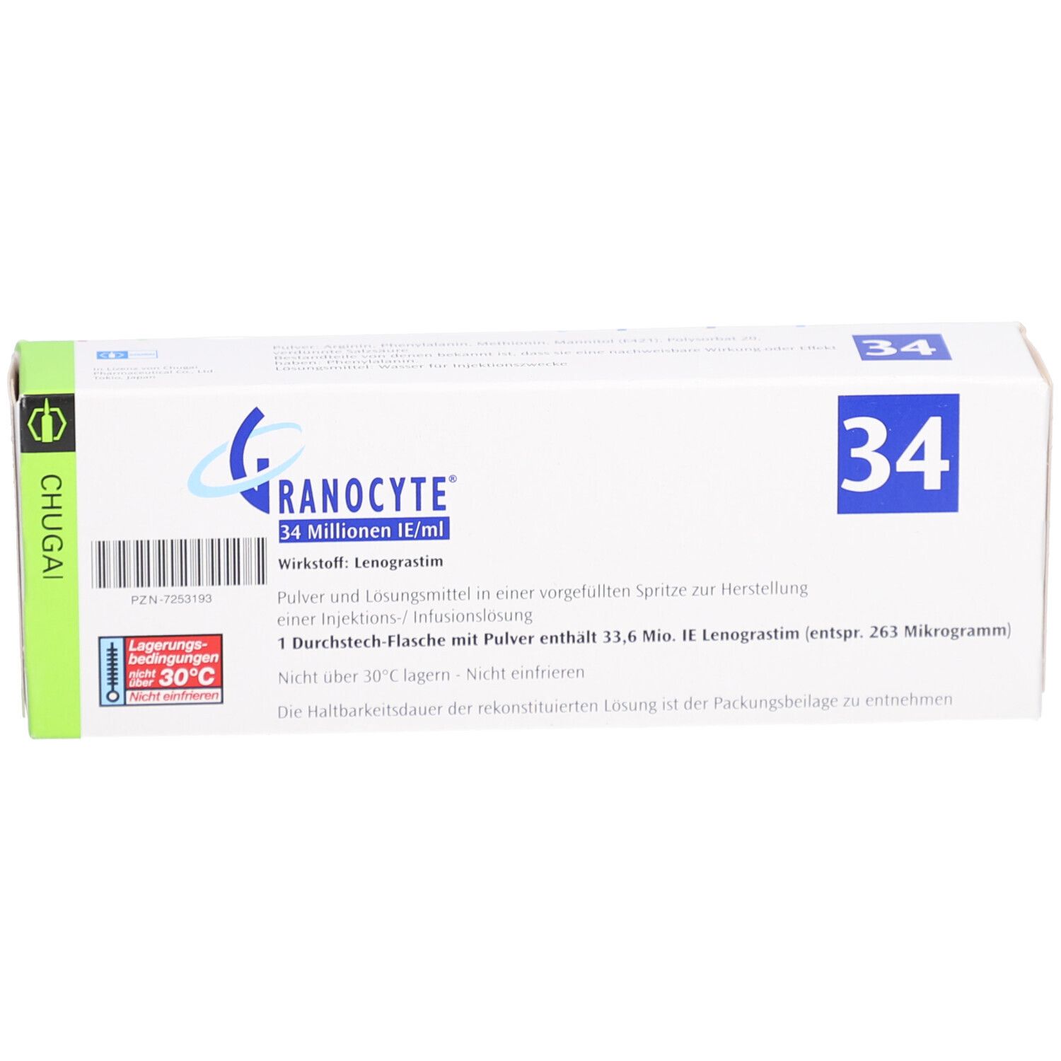 Karton mit Produktinformationen. Aufschrift: Granocyte 34 Millionen IE/ml. Enthält Injektionslösung.