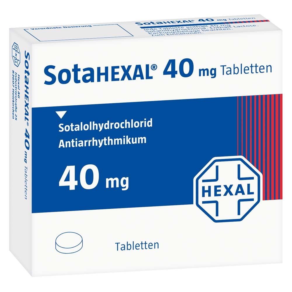 SotaHEXAL 40 mg Tabletten-Packung. Enthält Sotalolhydrochlorid. 40 mg Dosierung. HEXAL-Logo. Eine Tablette abgebildet.