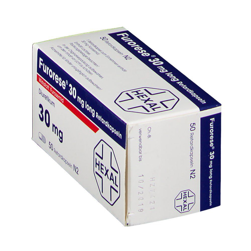 Furorese 30 mg long Hartkapseln retardiert-Packung. Blaue und weiße Schachtel mit Produktnamen, Dosierung und HEXAL-Logo.