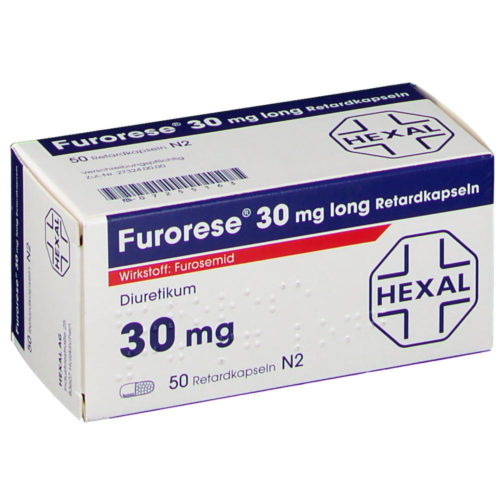 Furorese 30 mg long Hartkapseln retardiert-Packung. Blaue und weiße Schachtel mit Produktnamen, Dosierung und HEXAL-Logo.