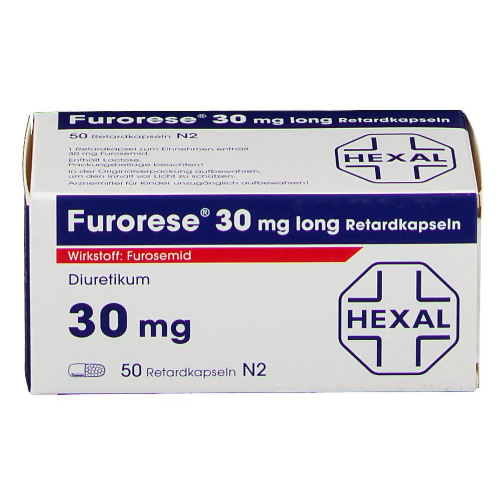 Furorese 30 mg long Hartkapseln retardiert-Packung. Blaue und weiße Schachtel mit Produktnamen, Dosierung und HEXAL-Logo.