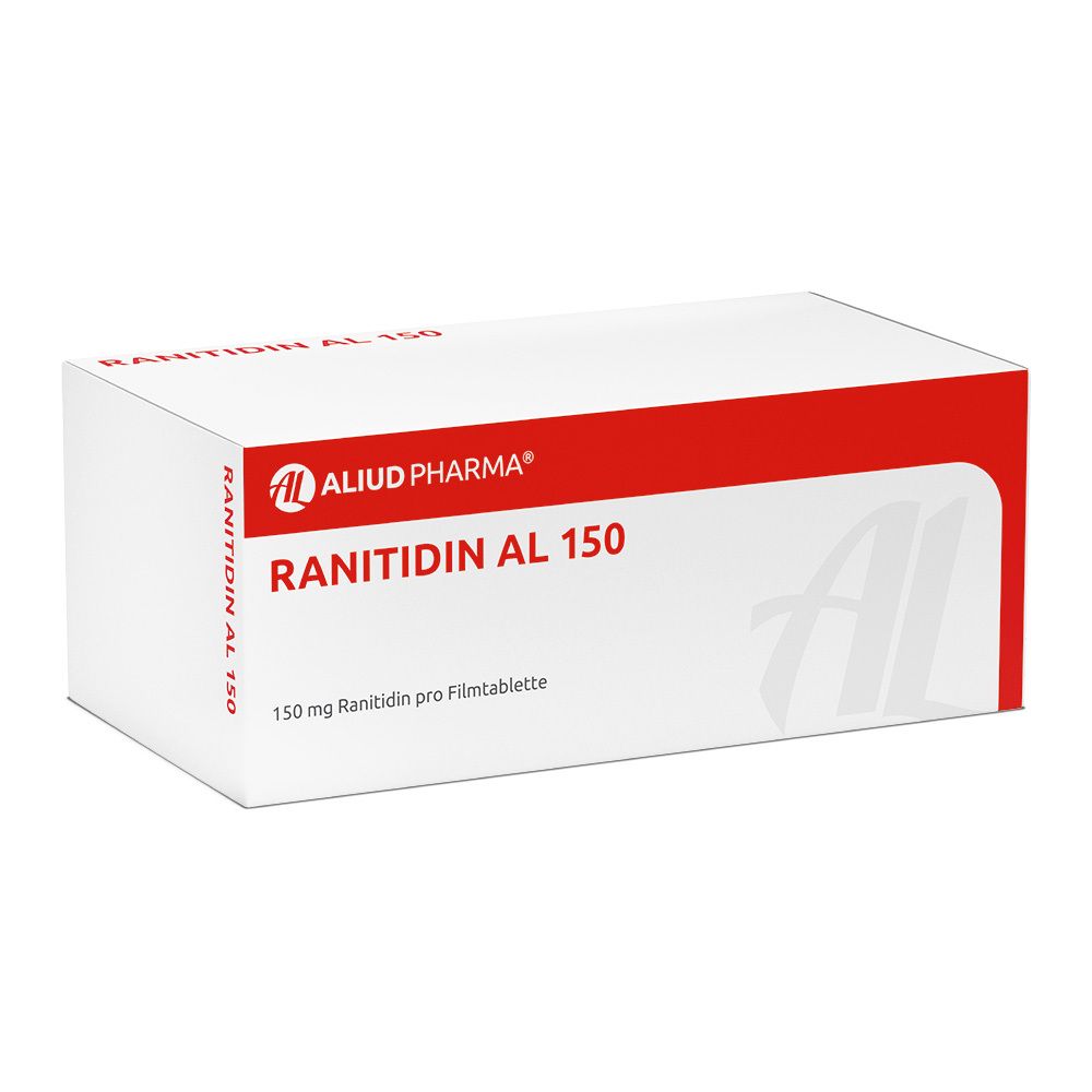 Weiße Schachtel mit rotem Streifen. Aufschrift: RANITIDIN AL 150, 150 mg Ranitidin pro Filmtablette. Logo: ALUD PHARMA.