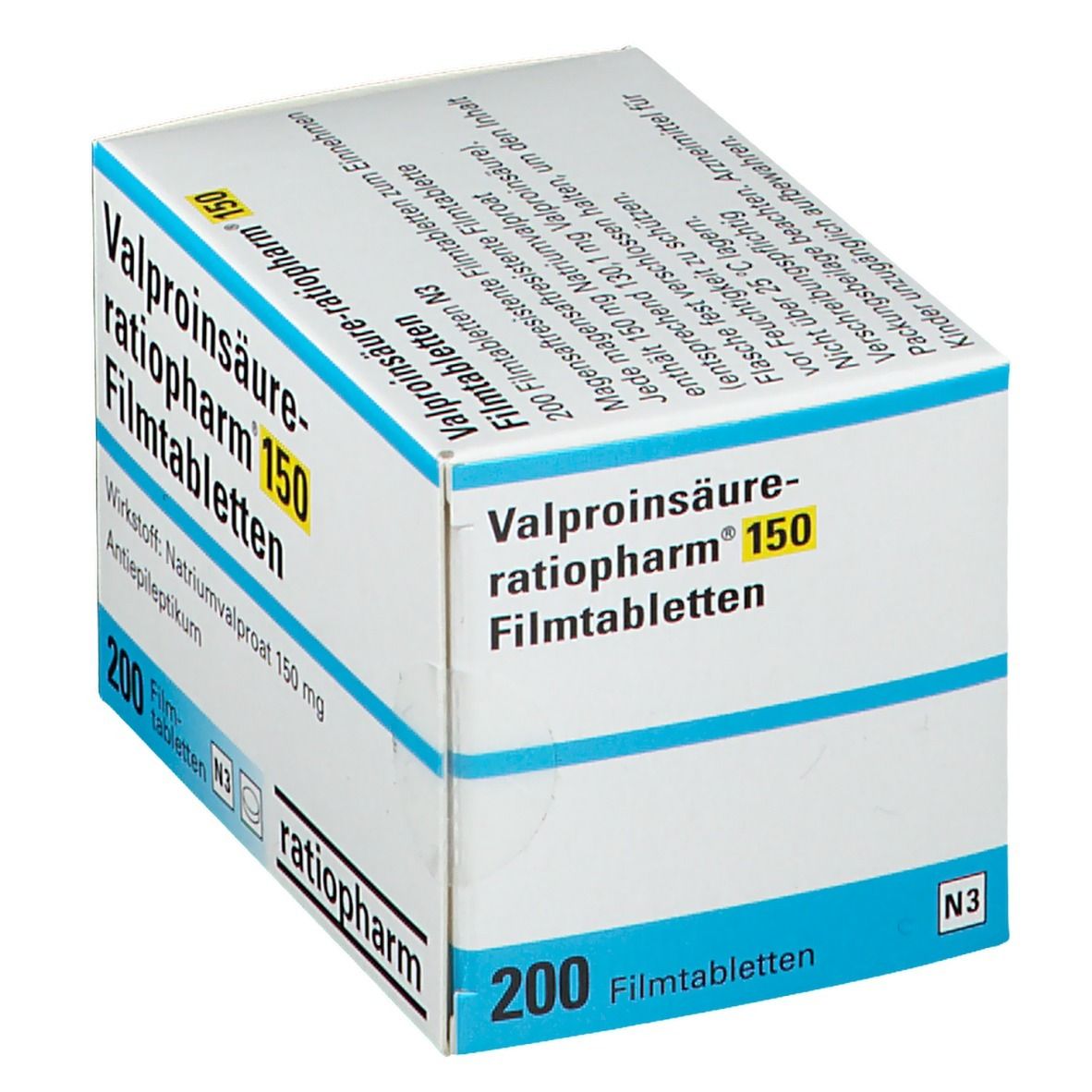 Schachtel "Valproinsäure-ratiopharm 150 Filmtabletten". 200 Tabletten. Wirkstoff: Natriumvalproat 150 mg. Marke: ratiopharm. Blaue und weiße Verpackung.