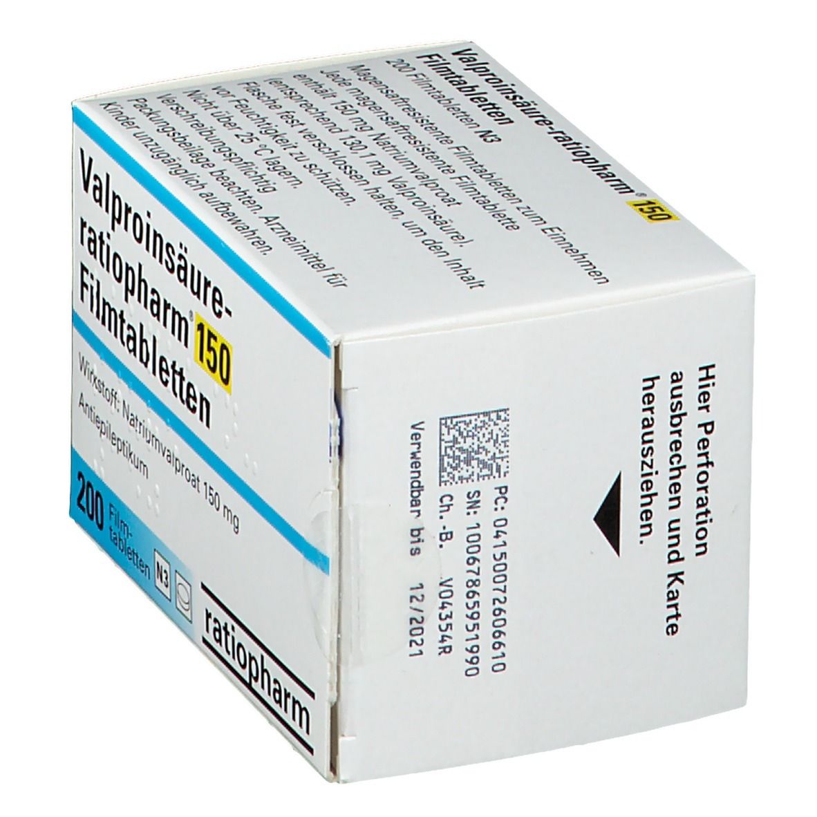 Schachtel "Valproinsäure-ratiopharm 150 Filmtabletten". 200 Tabletten. Wirkstoff: Natriumvalproat 150 mg. Marke: ratiopharm. Rückseite mit Text und Barcode.