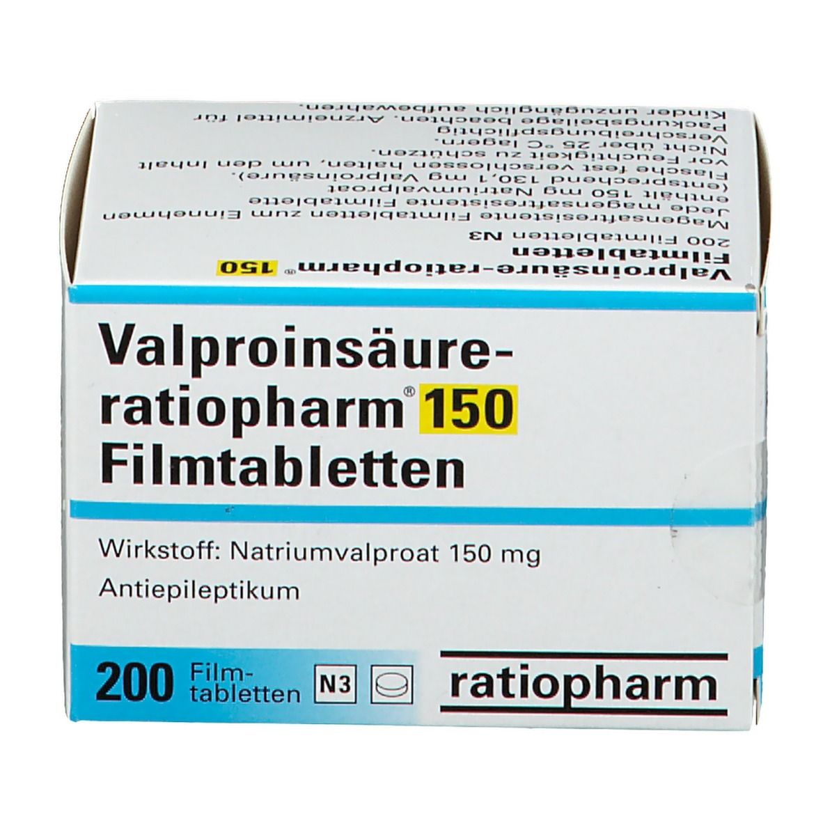 Schachtel "Valproinsäure-ratiopharm 150 Filmtabletten". 200 Tabletten. Wirkstoff: Natriumvalproat 150 mg. Marke: ratiopharm. Blaue und weiße Verpackung.
