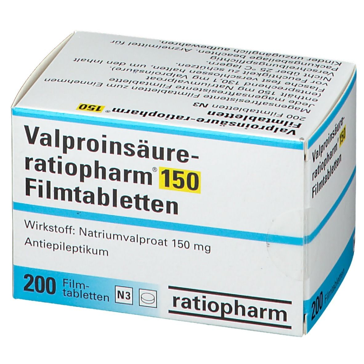 Schachtel "Valproinsäure-ratiopharm 150 Filmtabletten". 200 Tabletten. Wirkstoff: Natriumvalproat 150 mg. Marke: ratiopharm. Blaue und weiße Verpackung.
