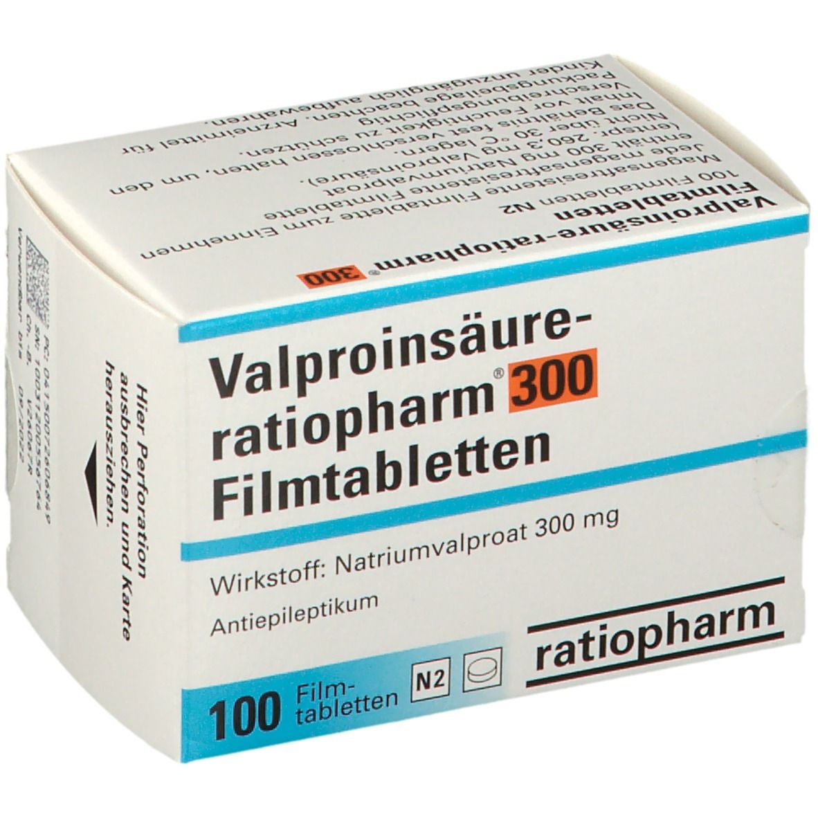 Vorderseite der Verpackung von Valproinsäure-ratiopharm® 300 Filmtabletten.