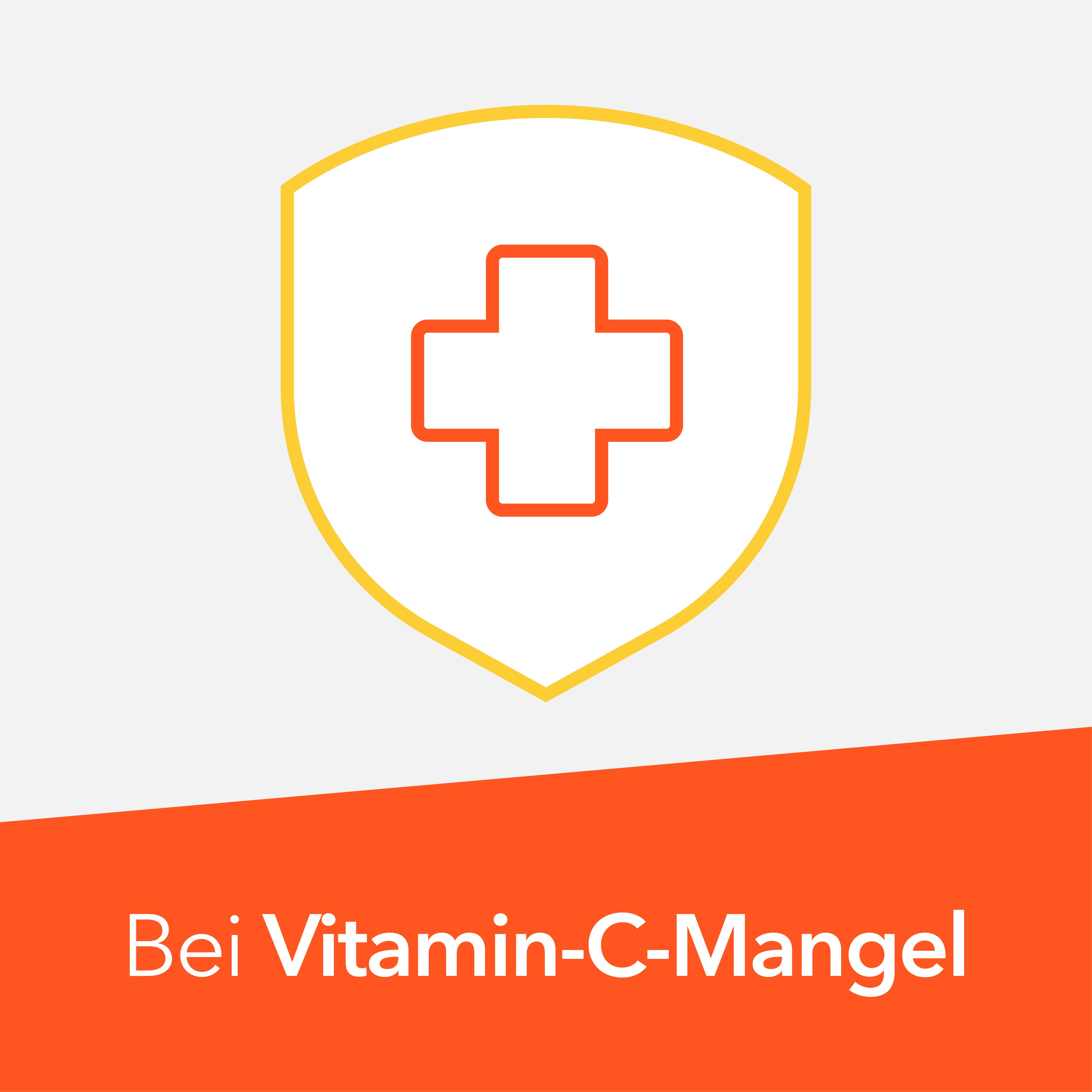 Schutzschild-Symbol mit rotem Kreuz für Vitamin C bei Mangel.