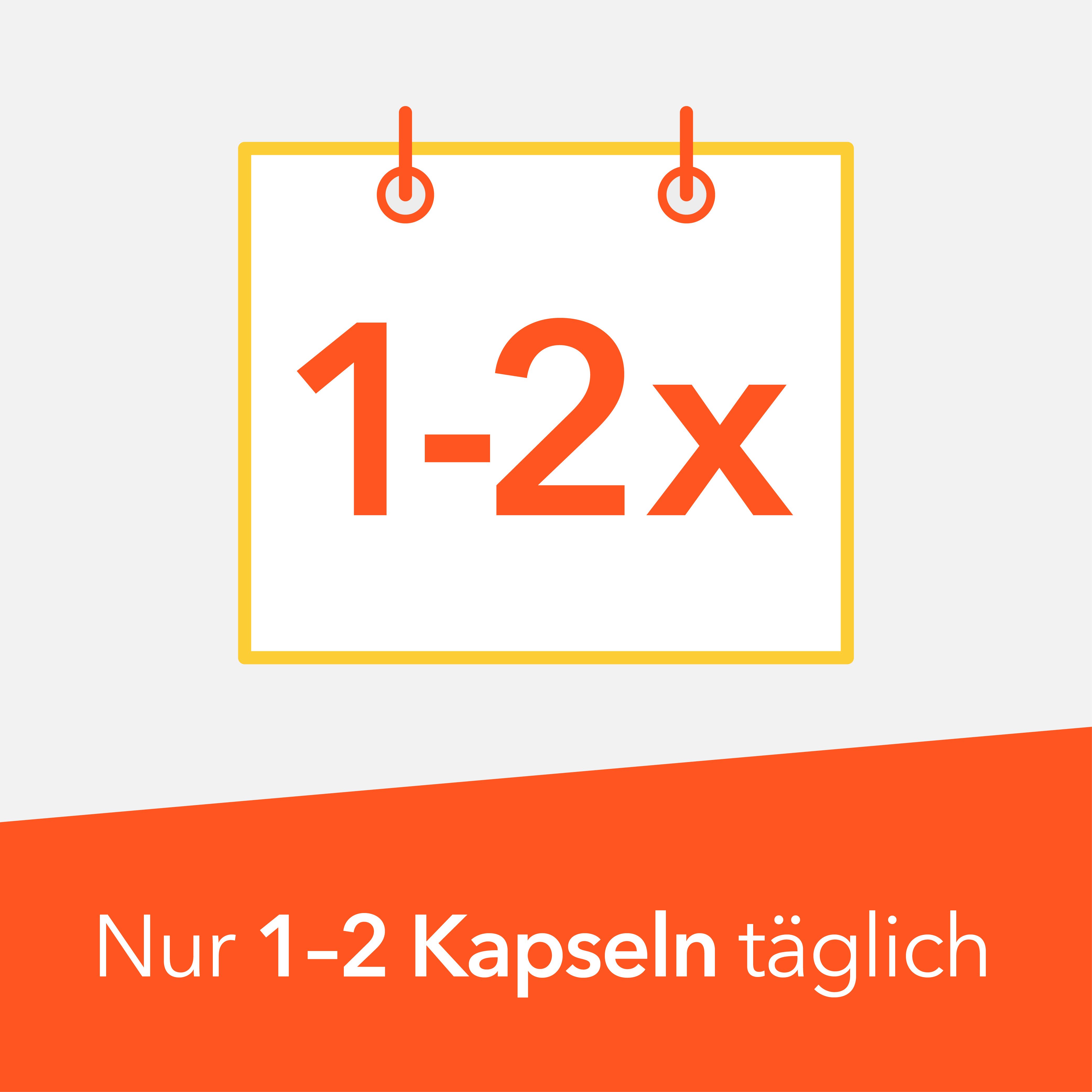 Kalendersymbol mit "1-2x" für tägliche Einnahme.
