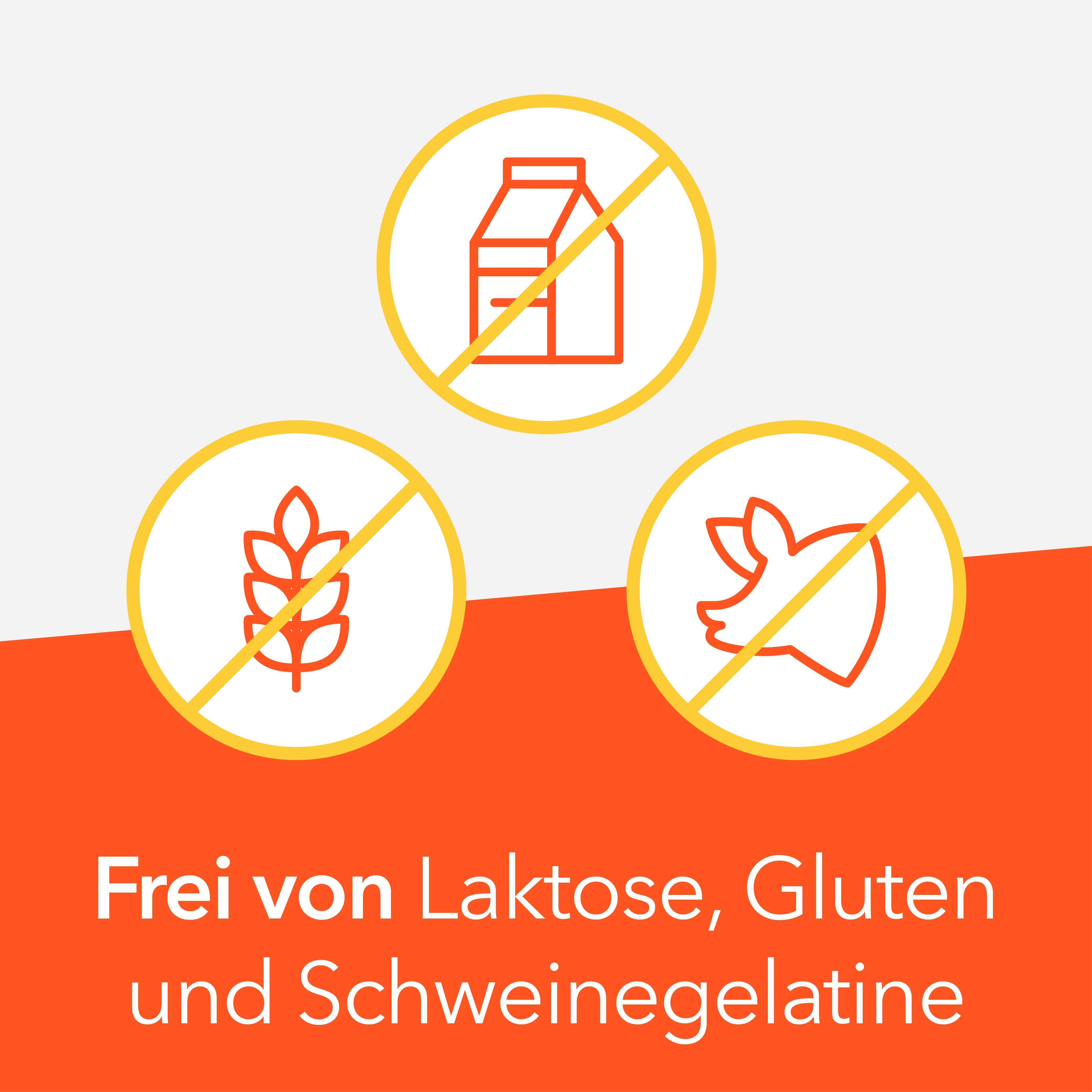 Symbole: Verbot von Milch, Weizen, Schweinegelatine.