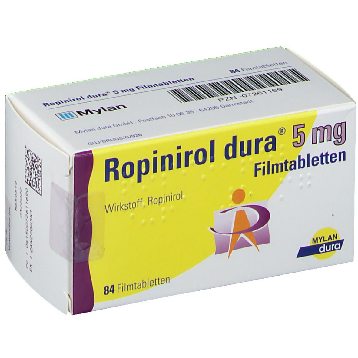 Schachtel Ropinirol dura® 5 mg Filmtabletten. Gelber Bereich mit Produktnamen und Logo. 84 Filmtabletten.