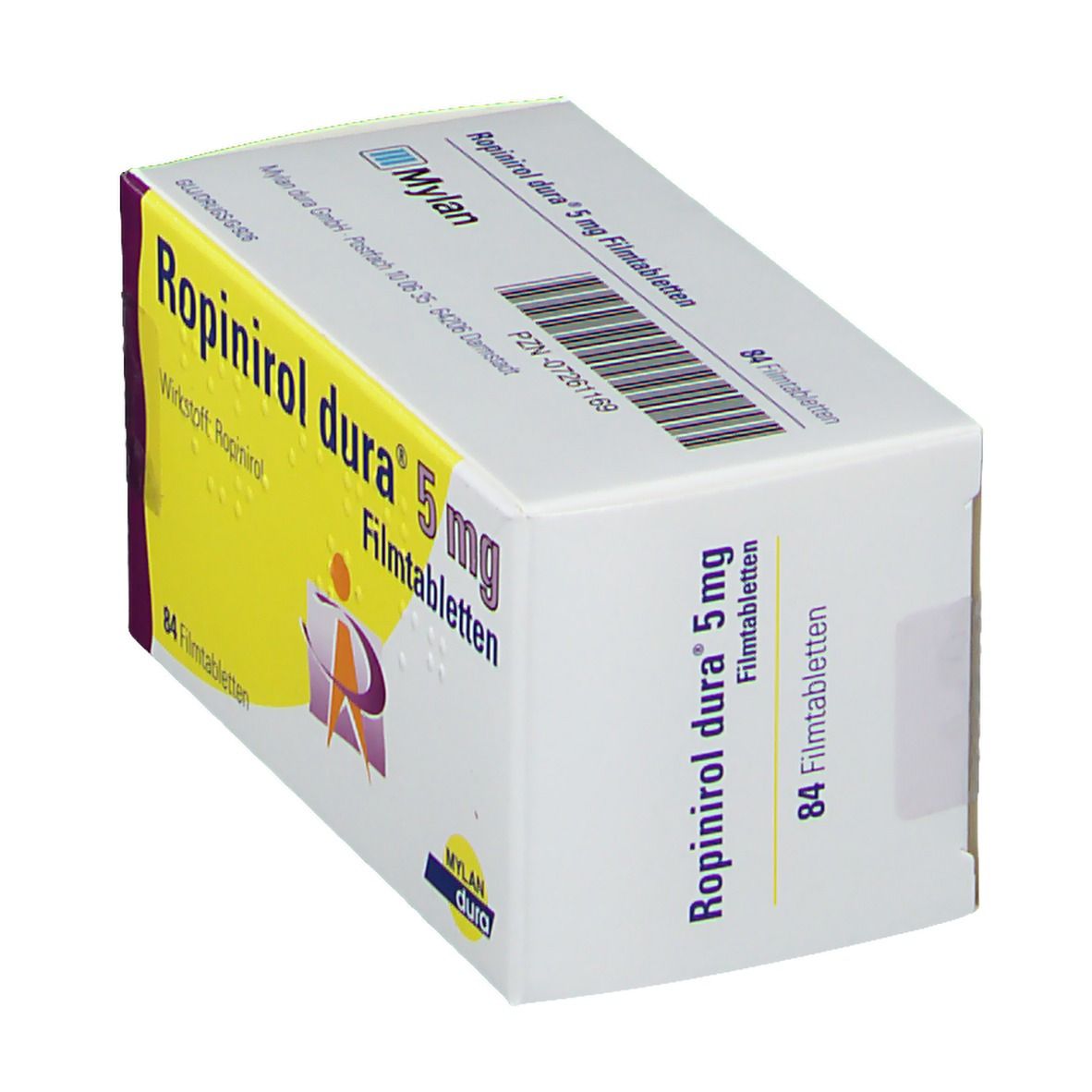 Schachtel Ropinirol dura® 5 mg Filmtabletten, schräg. Gelber Bereich mit Produktnamen und Logo. 84 Filmtabletten.