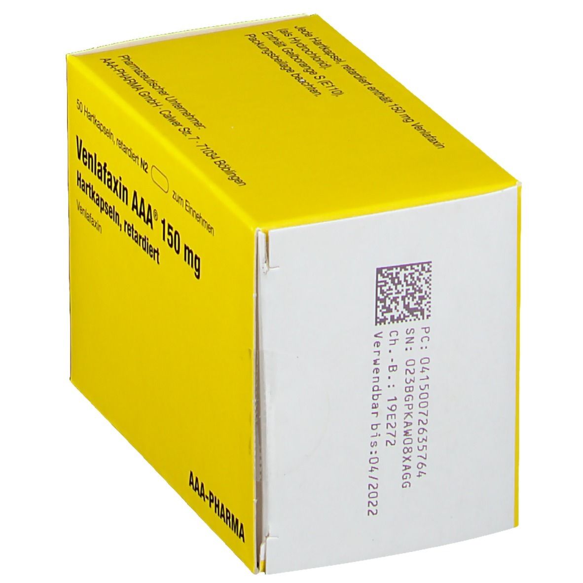 Gelbe Schachtel, Seitenansicht. Aufdruck 'Venlafaxin AAA 150 mg'. Enthält 50 Hartkapseln. Mit QR-Code und Verfallsdatum.