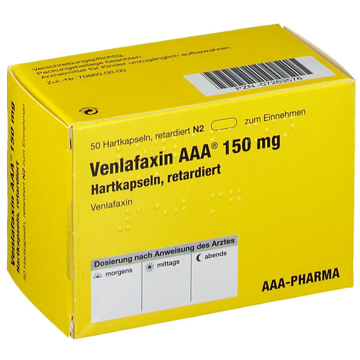 Gelbe Schachtel mit Aufschrift 'Venlafaxin AAA 150 mg'. Enthält 50 Hartkapseln. Dosierungshinweise.