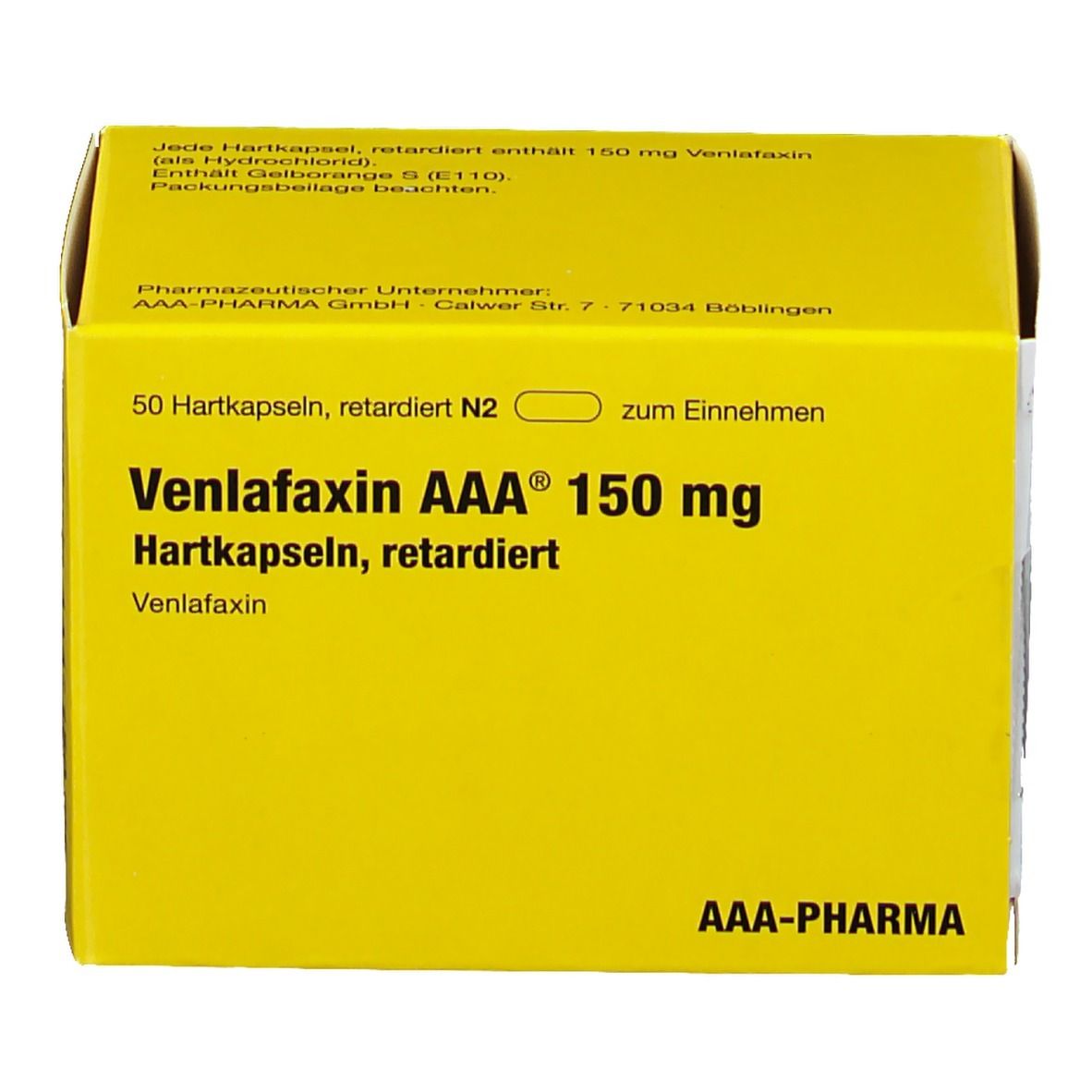 Gelbe Schachtel mit Aufschrift 'Venlafaxin AAA 150 mg'. Enthält 50 Hartkapseln. Marke AAA-PHARMA.