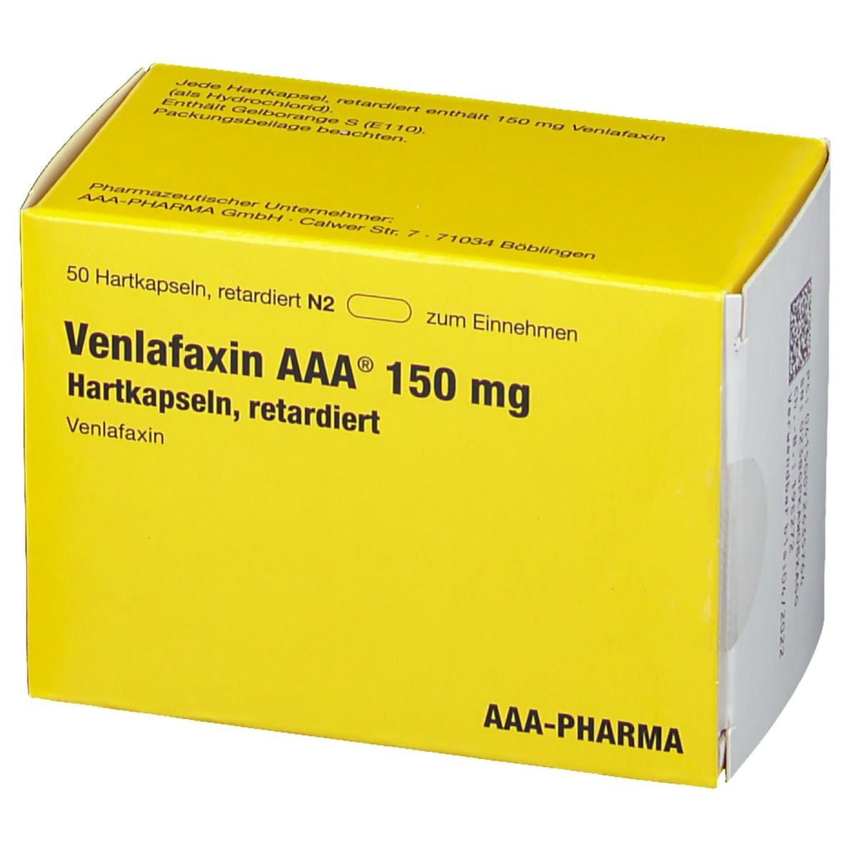 Gelbe Schachtel mit Aufschrift 'Venlafaxin AAA 150 mg'. Enthält 50 Hartkapseln. Marke AAA-PHARMA.