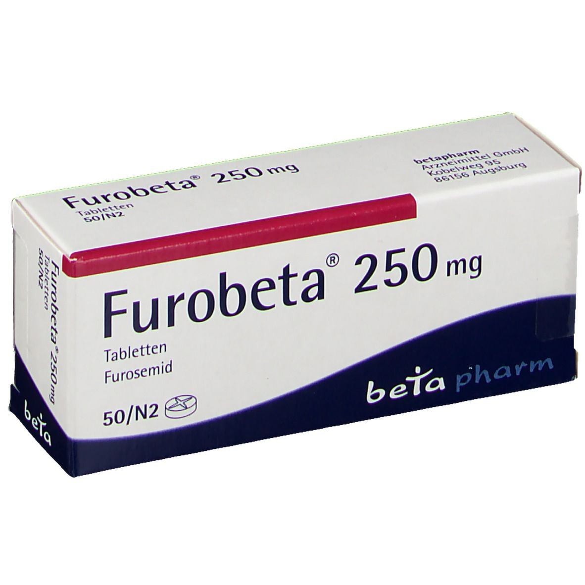 Furobeta 250 mg Tabletten-Packung. Weißer Karton mit roter und blauer Schrift. Enthält 50 Tabletten. Beta pharm Logo.