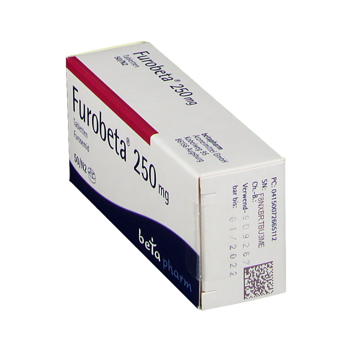 Schräg gestellte Furobeta 250 mg Packung. Weiße Schachtel mit roter Schrift. Enthält Informationen und QR-Code. Beta pharm Logo.